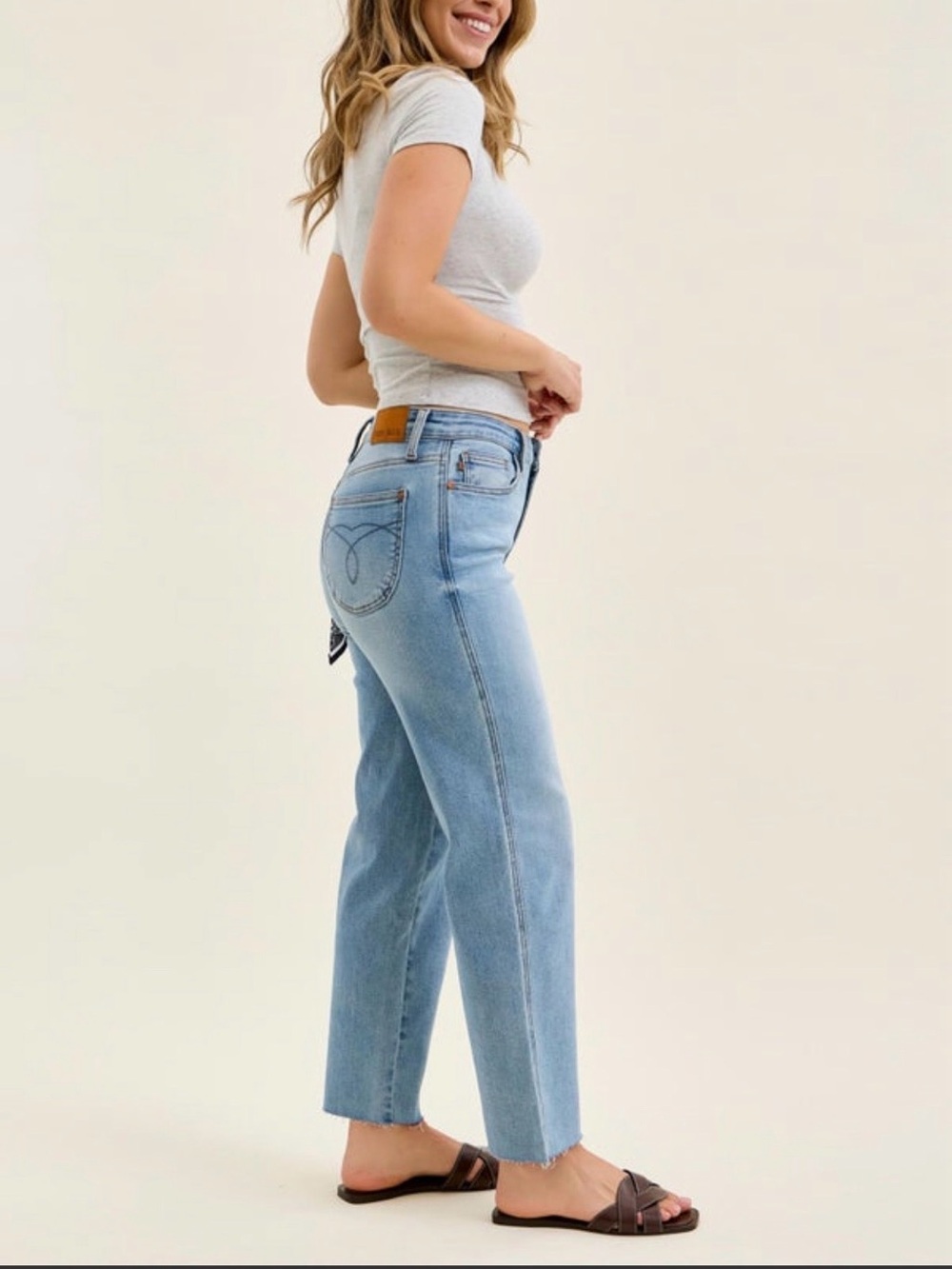 Judy Blue Light Blue Mid-Rise Ankle Straight Leg Women's Jeans with Bandana Loop